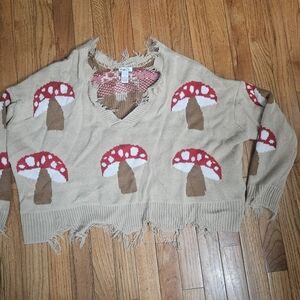 Rue21 Beige Sweater with Red Mushroom Design